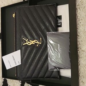 Yves Saint Laurent Black Quilted Leather Zip Pouch with Gold YSL Monogram
